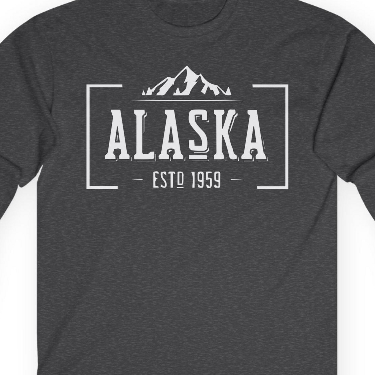 Vintage Alaska Estd 1959 Shirt Long Sleeve Shirt – Dark Heather – Alaska Cruise Shirts Close Up
