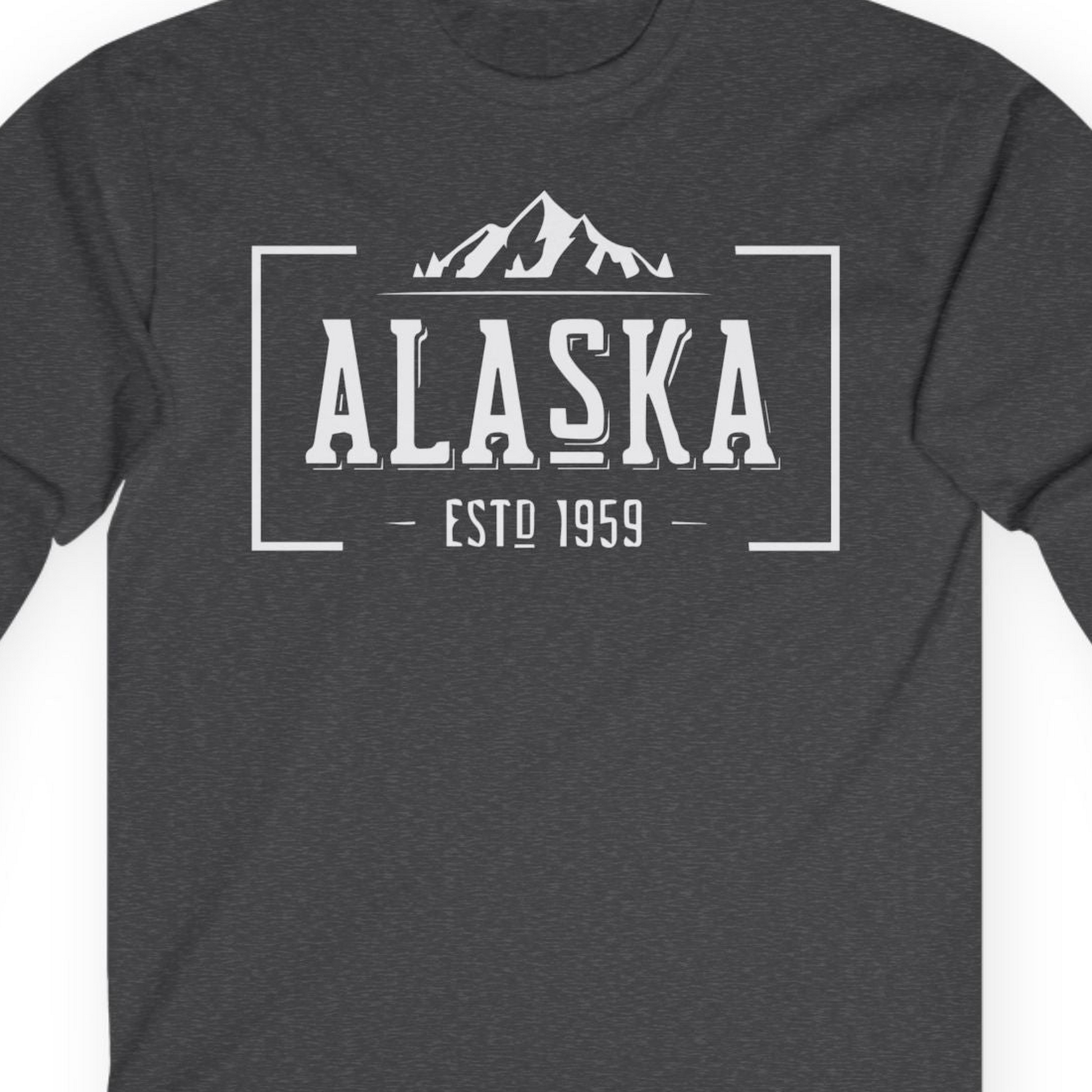 Vintage Alaska Estd 1959 Shirt Long Sleeve Shirt – Dark Heather – Alaska Cruise Shirts Close Up