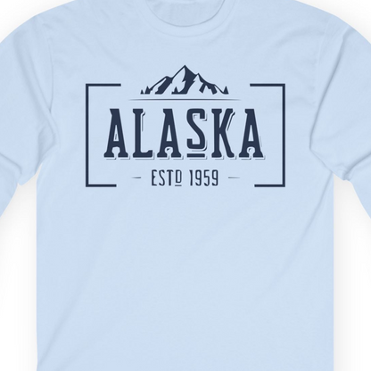 Vintage Alaska Estd 1959 Shirt Long Sleeve Shirt – Light Blue – Alaska Cruise Shirts Close Up