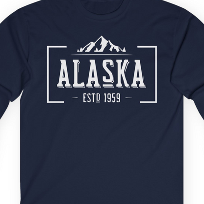 Vintage Alaska Estd 1959 Shirt Long Sleeve Shirt – Navy – Alaska Cruise Shirts Close Up