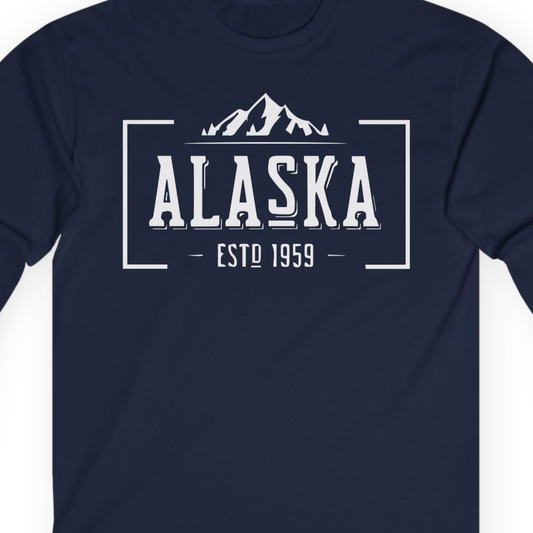 Vintage Alaska Estd 1959 Shirt Long Sleeve Shirt – Navy – Alaska Cruise Shirts Close Up