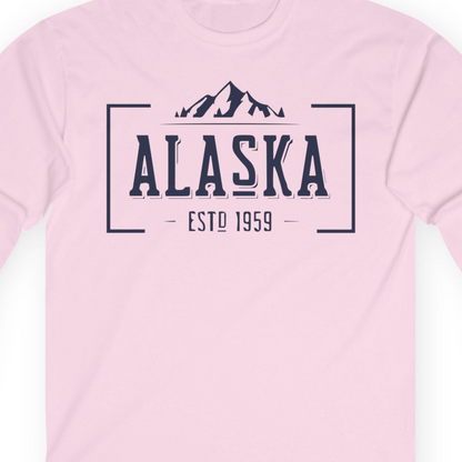 Vintage Alaska Estd 1959 Shirt Long Sleeve Shirt – Light Pink – Alaska Cruise Shirts Close Up