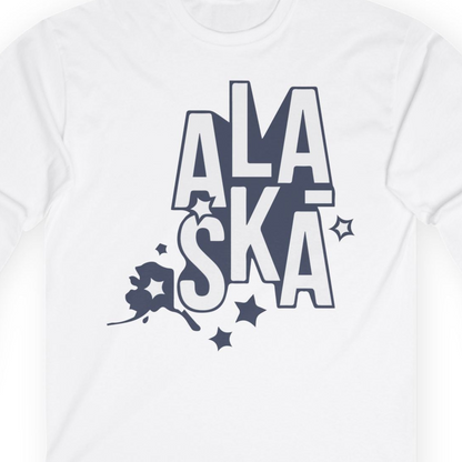 Alaska Stars Bold Typography Shirt Long Sleeve Shirt – White – Alaska Cruise Shirts Close Up