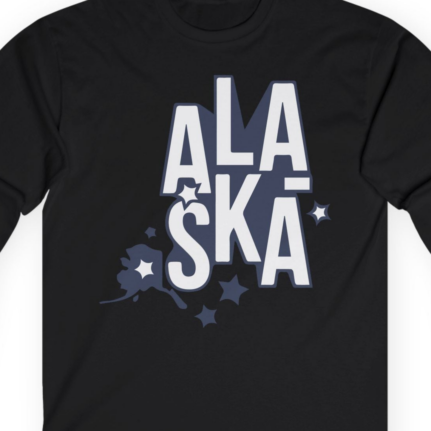 Alaska Stars Bold Typography Shirt Long Sleeve Shirt – Black – Alaska Cruise Shirts Close Up