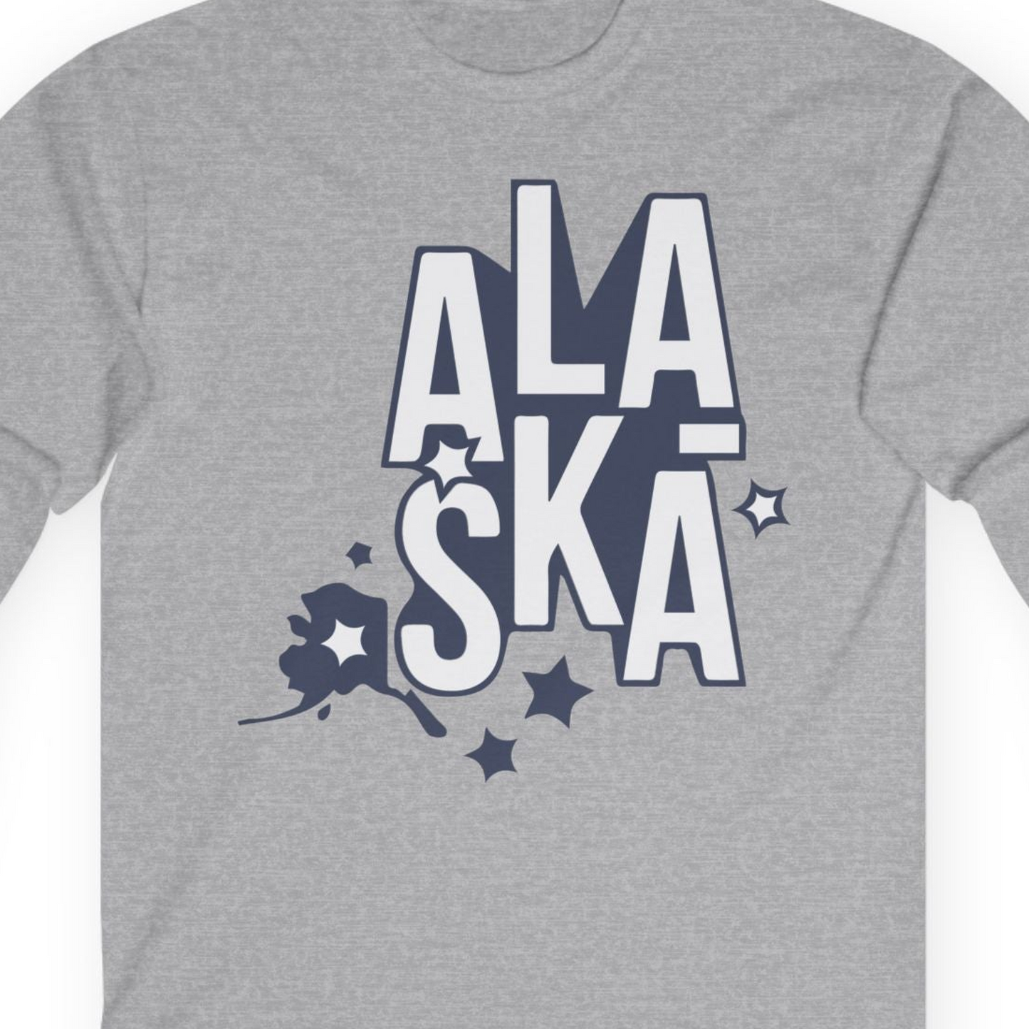 Alaska Stars Bold Typography Shirt Long Sleeve Shirt – Sport Grey – Alaska Cruise Shirts Close Up