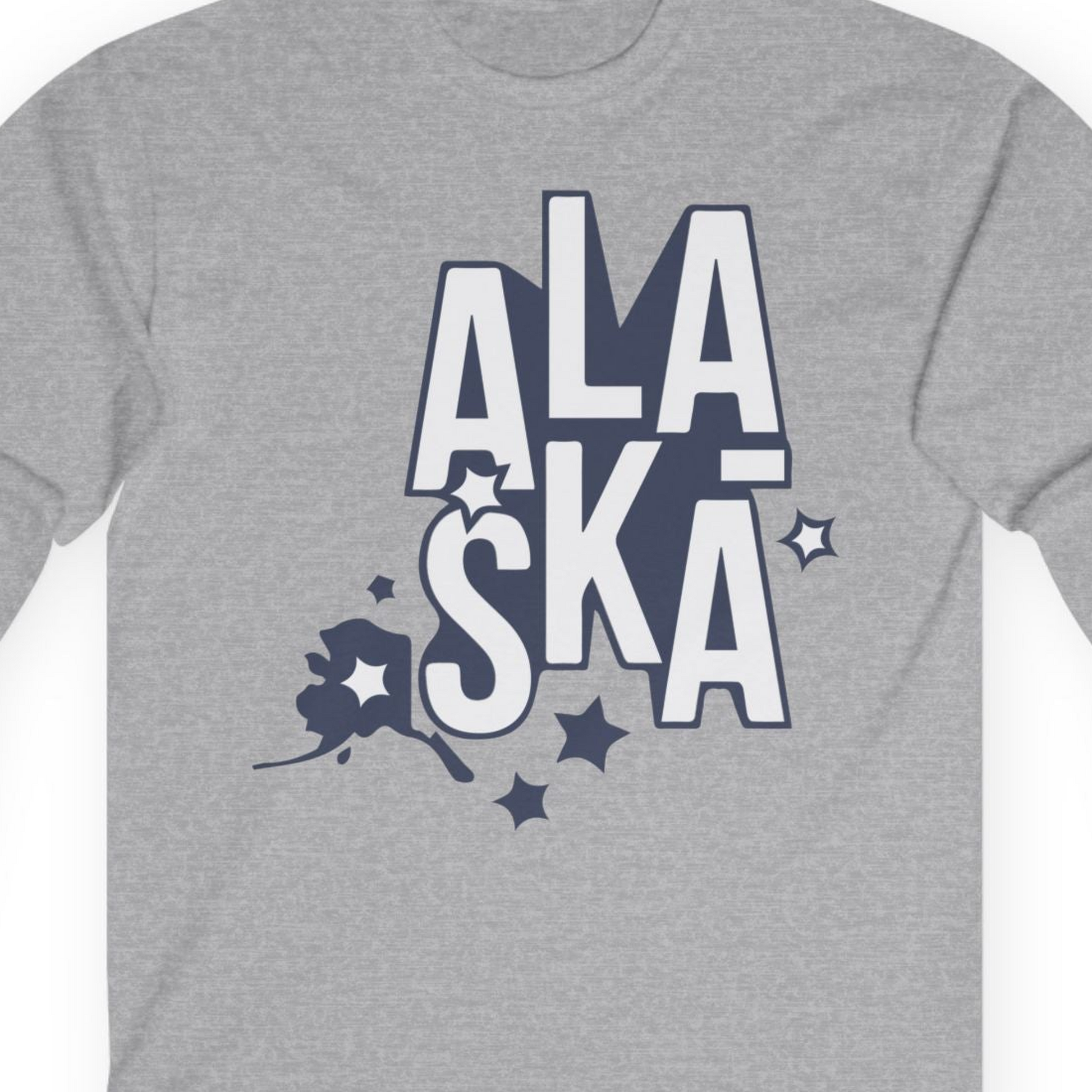 Alaska Stars Bold Typography Shirt Long Sleeve Shirt – Sport Grey – Alaska Cruise Shirts Close Up