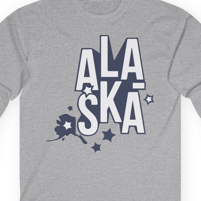 Alaska Stars Bold Typography Shirt Long Sleeve Shirt – Sport Grey – Alaska Cruise Shirts Close Up