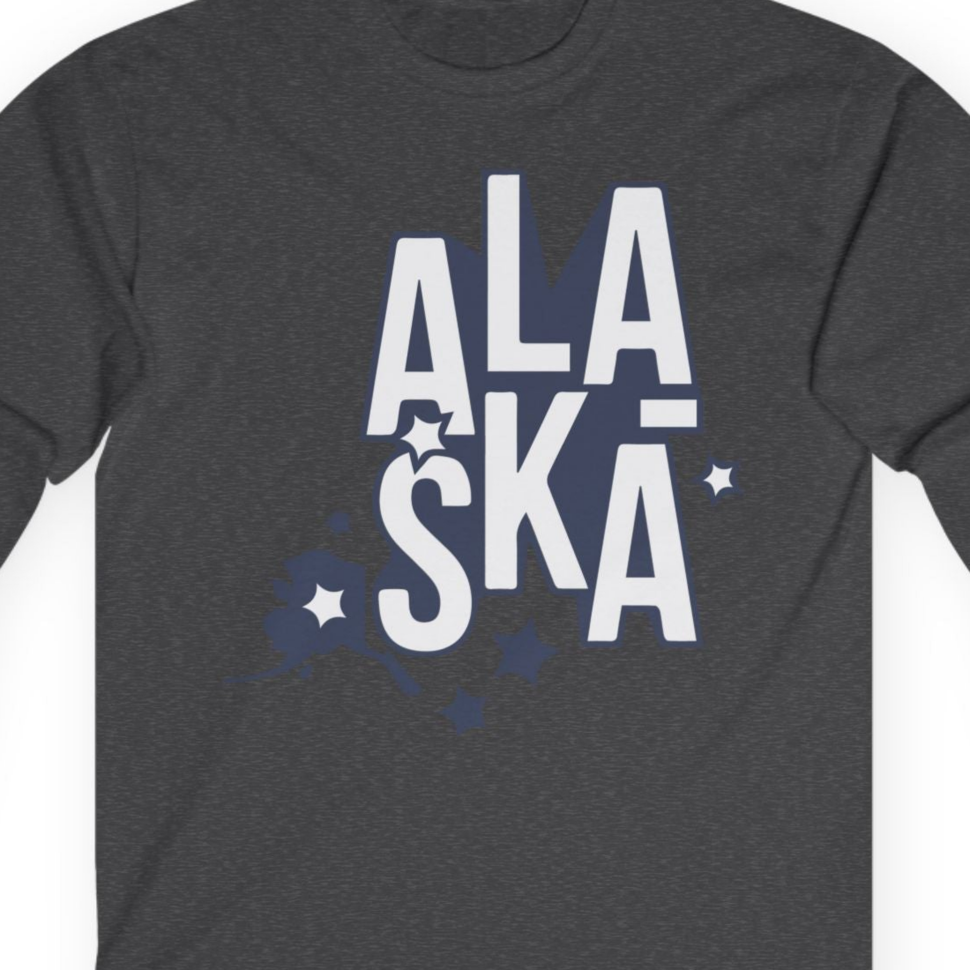 Alaska Stars Bold Typography Shirt Long Sleeve Shirt – Dark Heather – Alaska Cruise Shirts Close Up