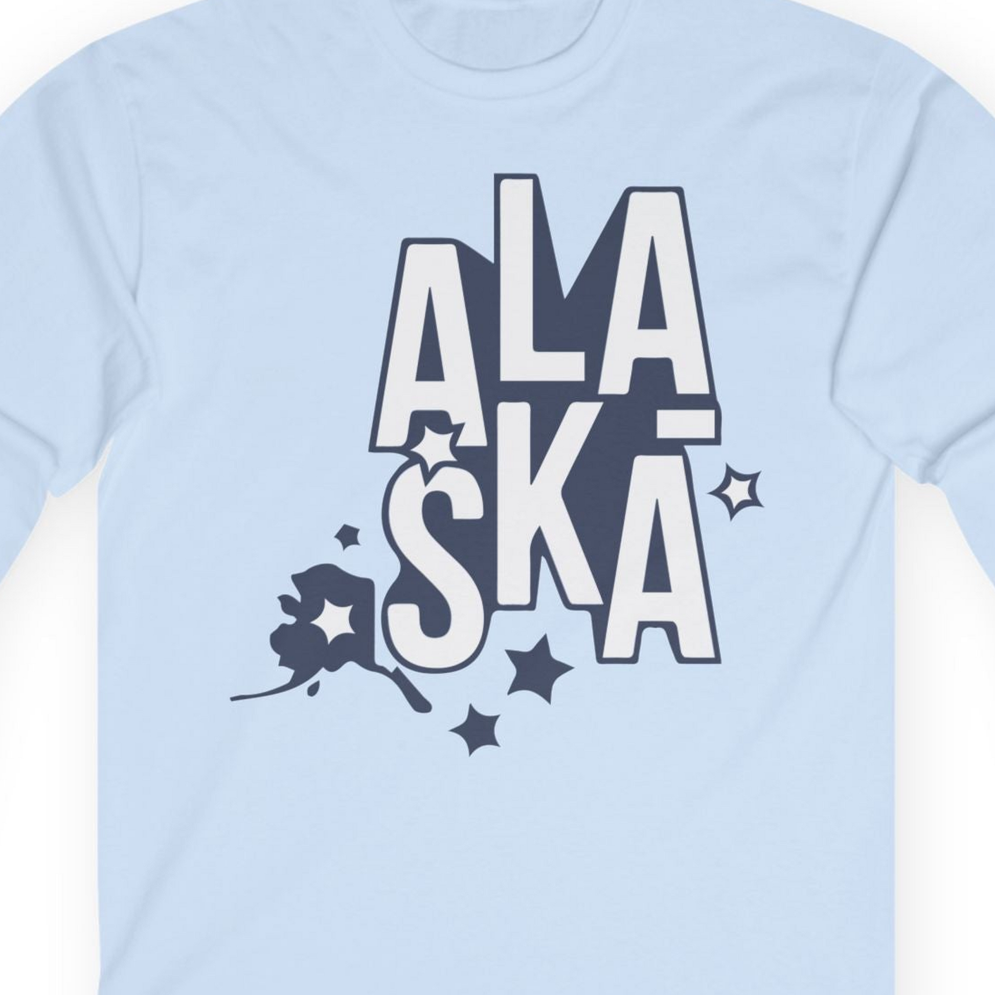 Alaska Stars Bold Typography Shirt Long Sleeve Shirt – Light Blue – Alaska Cruise Shirts Close Up