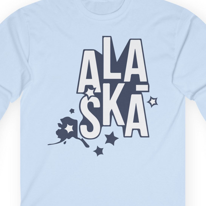 Alaska Stars Bold Typography Shirt Long Sleeve Shirt – Light Blue – Alaska Cruise Shirts Close Up