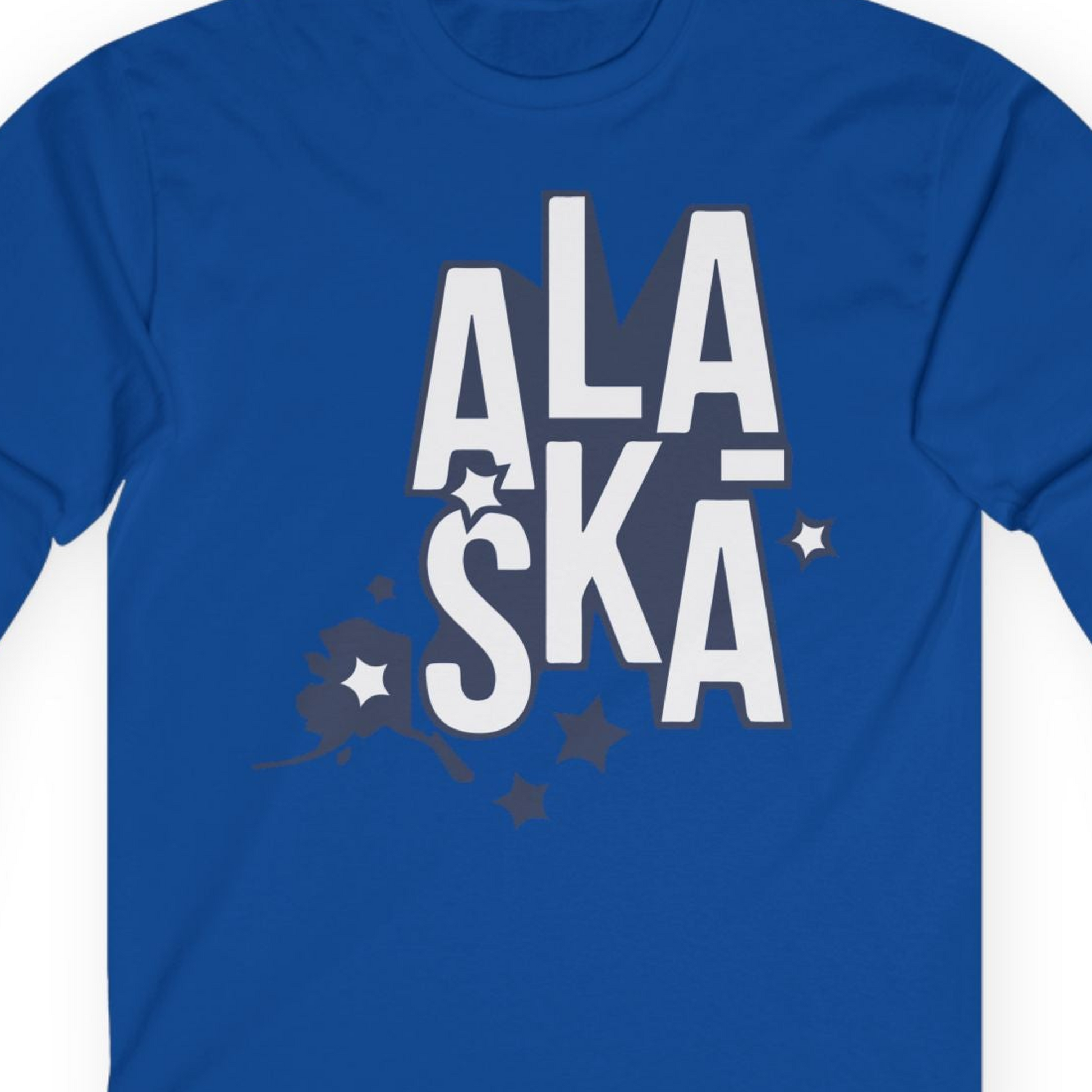 Alaska Stars Bold Typography Shirt Long Sleeve Shirt – Royal – Alaska Cruise Shirts Close Up