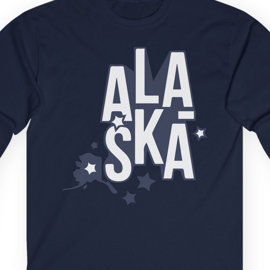 Alaska Stars Bold Typography Shirt Long Sleeve Shirt – Navy – Alaska Cruise Shirts Close Up