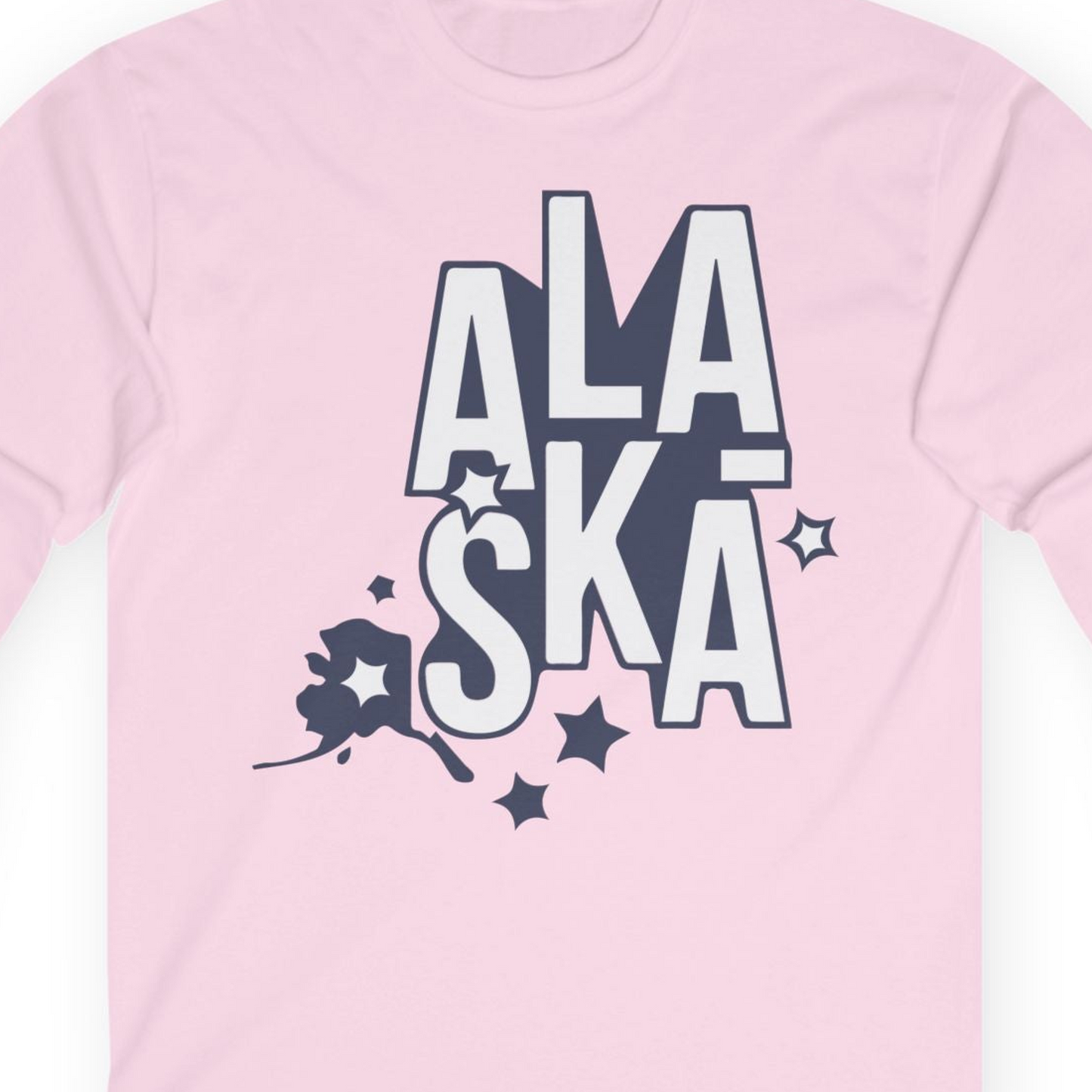 Alaska Stars Bold Typography Shirt Long Sleeve Shirt – Light Pink – Alaska Cruise Shirts Close Up