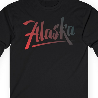 Alaska Script Wordmark Shirt Long Sleeve Shirt – Black – Alaska Cruise Shirts Close Up