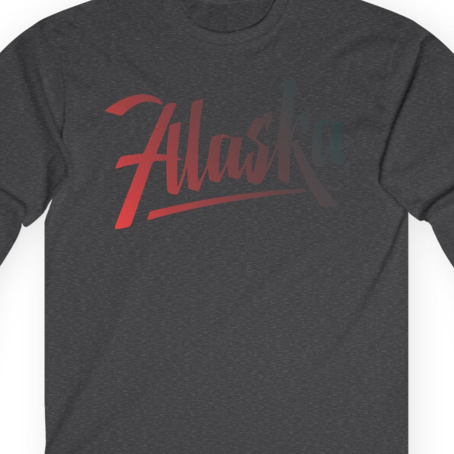Alaska Script Wordmark Shirt Long Sleeve Shirt – Dark Heather – Alaska Cruise Shirts Close Up