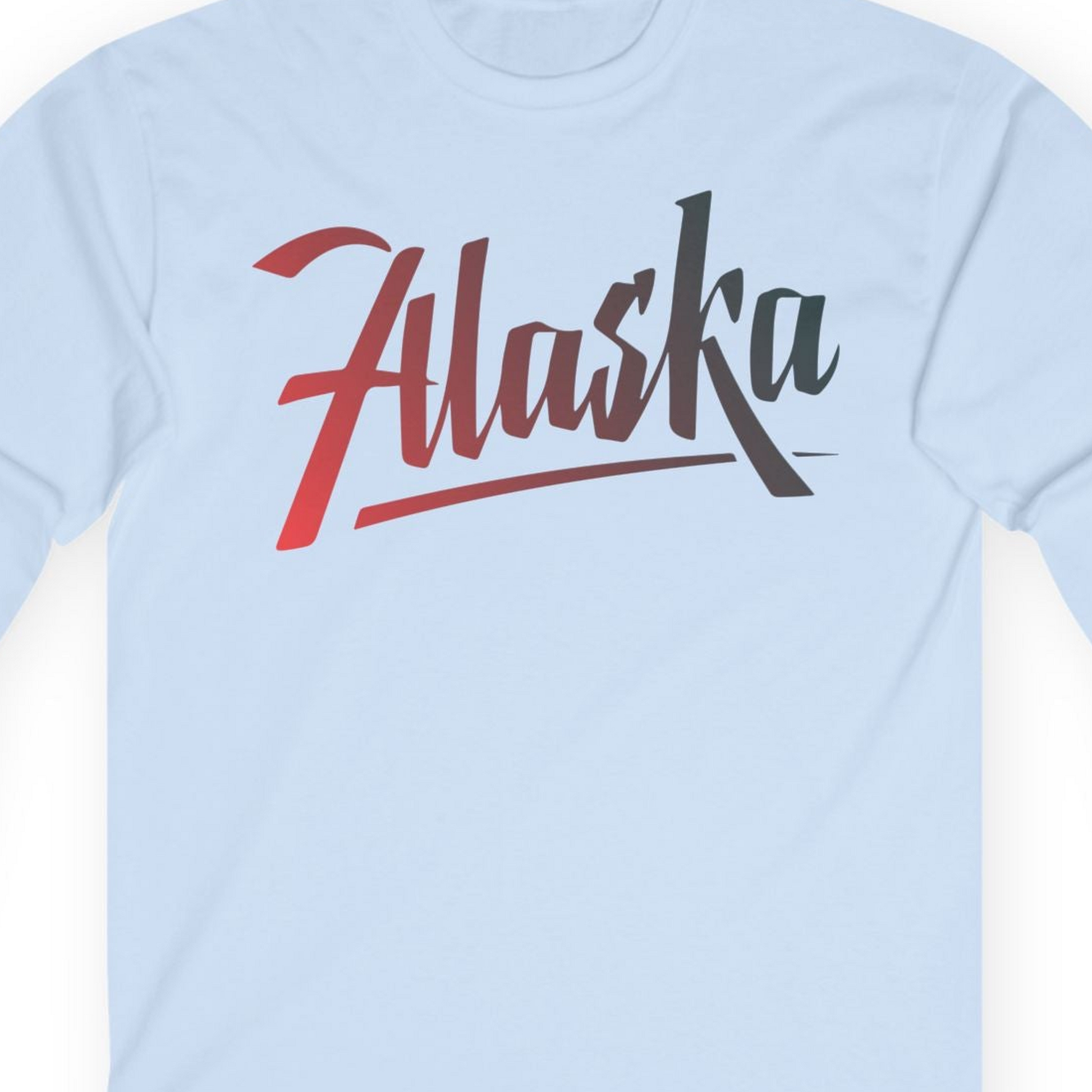 Alaska Script Wordmark Shirt Long Sleeve Shirt – Light Blue – Alaska Cruise Shirts Close Up