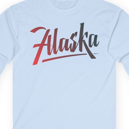 Alaska Script Wordmark Shirt Long Sleeve Shirt – Light Blue – Alaska Cruise Shirts Close Up