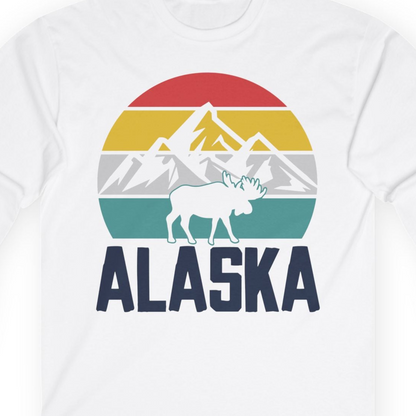 Retro Alaska Moose Silhouette Shirt Long Sleeve Shirt – White – Alaska Cruise Shirts Close Up