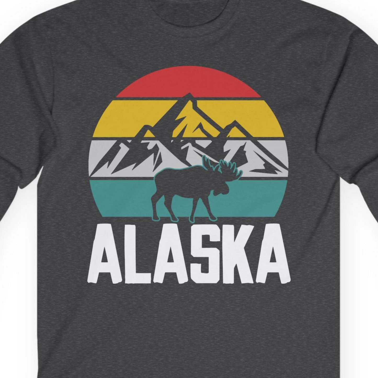 Retro Alaska Moose Silhouette Shirt Long Sleeve Shirt – Dark Heather – Alaska Cruise Shirts Close Up