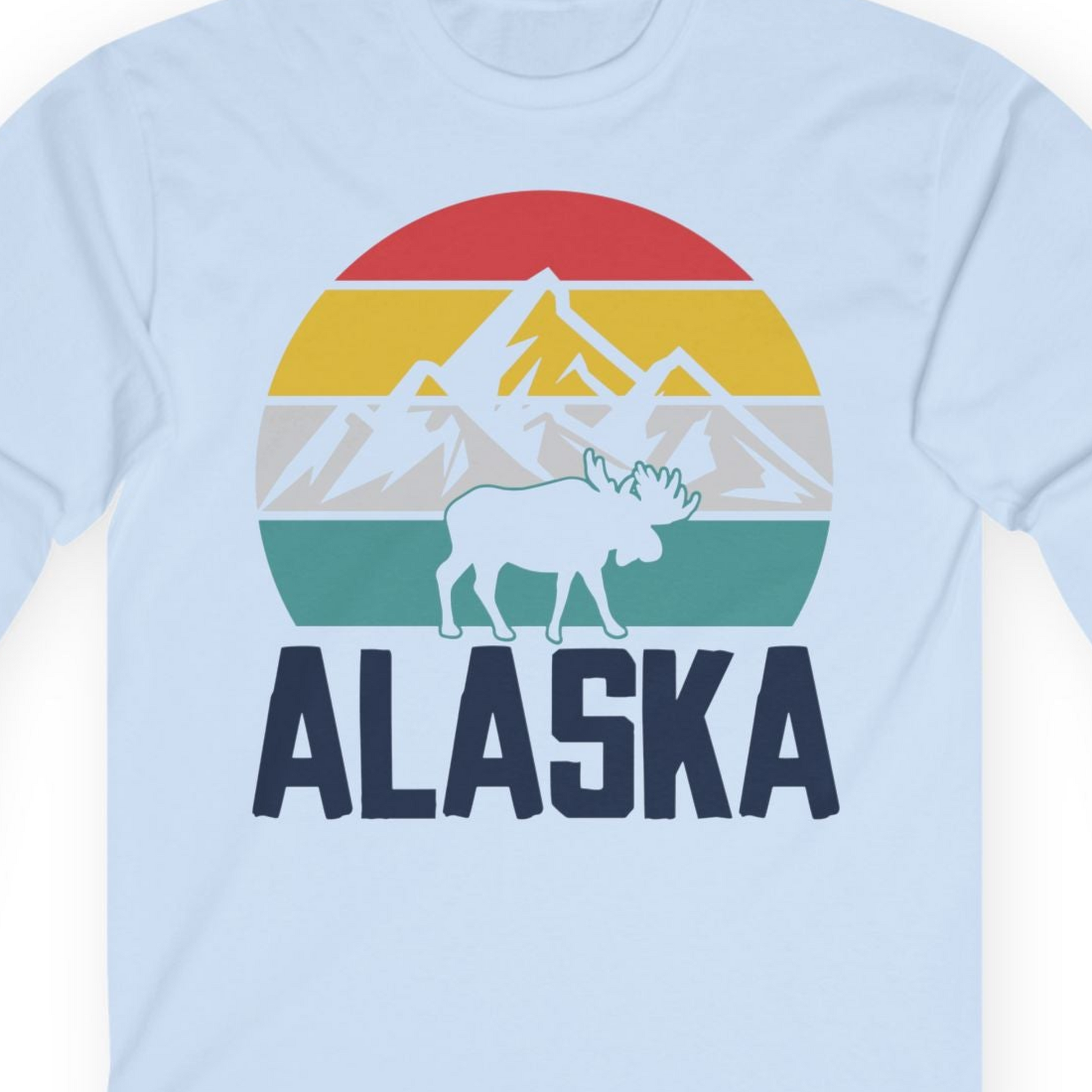 Retro Alaska Moose Silhouette Shirt Long Sleeve Shirt – Light Blue – Alaska Cruise Shirts Close Up