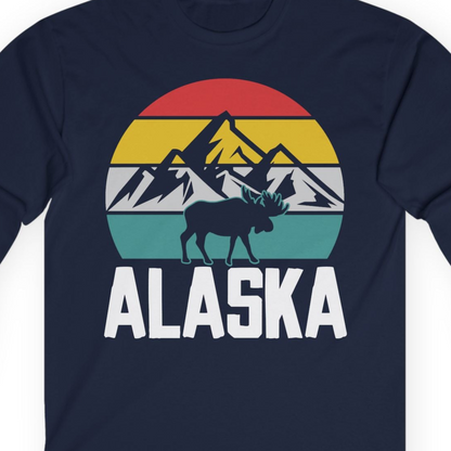 Retro Alaska Moose Silhouette Shirt Long Sleeve Shirt – Navy – Alaska Cruise Shirts Close Up