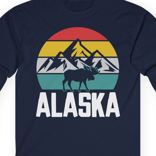 Retro Alaska Moose Silhouette Shirt Long Sleeve Shirt – Navy – Alaska Cruise Shirts Close Up