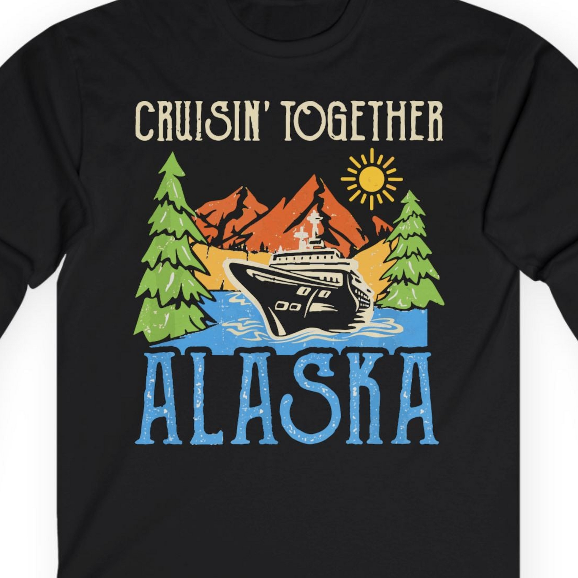 Alaska Cruise Adventure Nature Landscape Retro Family Shirt — Long Sleeve Long Sleeve Shirt – Black – Alaska Cruise Shirts Close Up