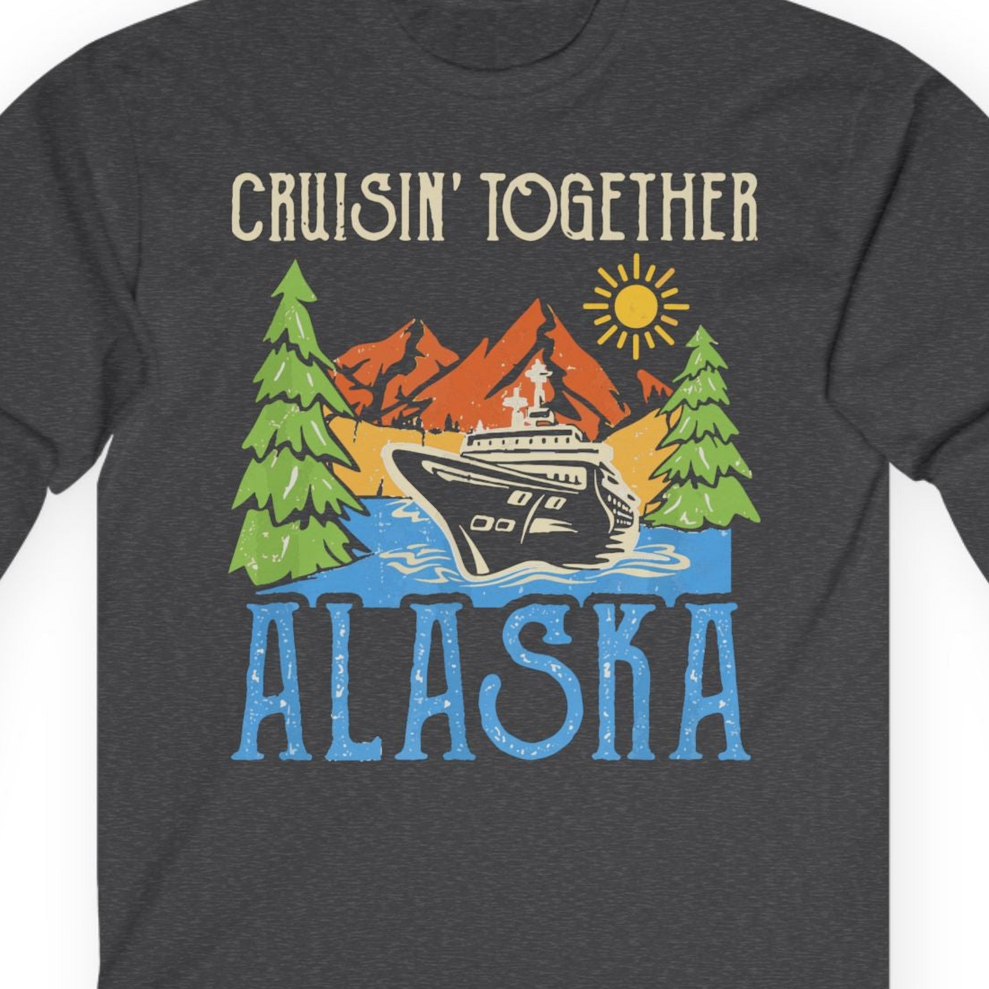 Alaska Cruise Adventure Nature Landscape Retro Family Shirt — Long Sleeve Long Sleeve Shirt – Dark Heather – Alaska Cruise Shirts Close Up