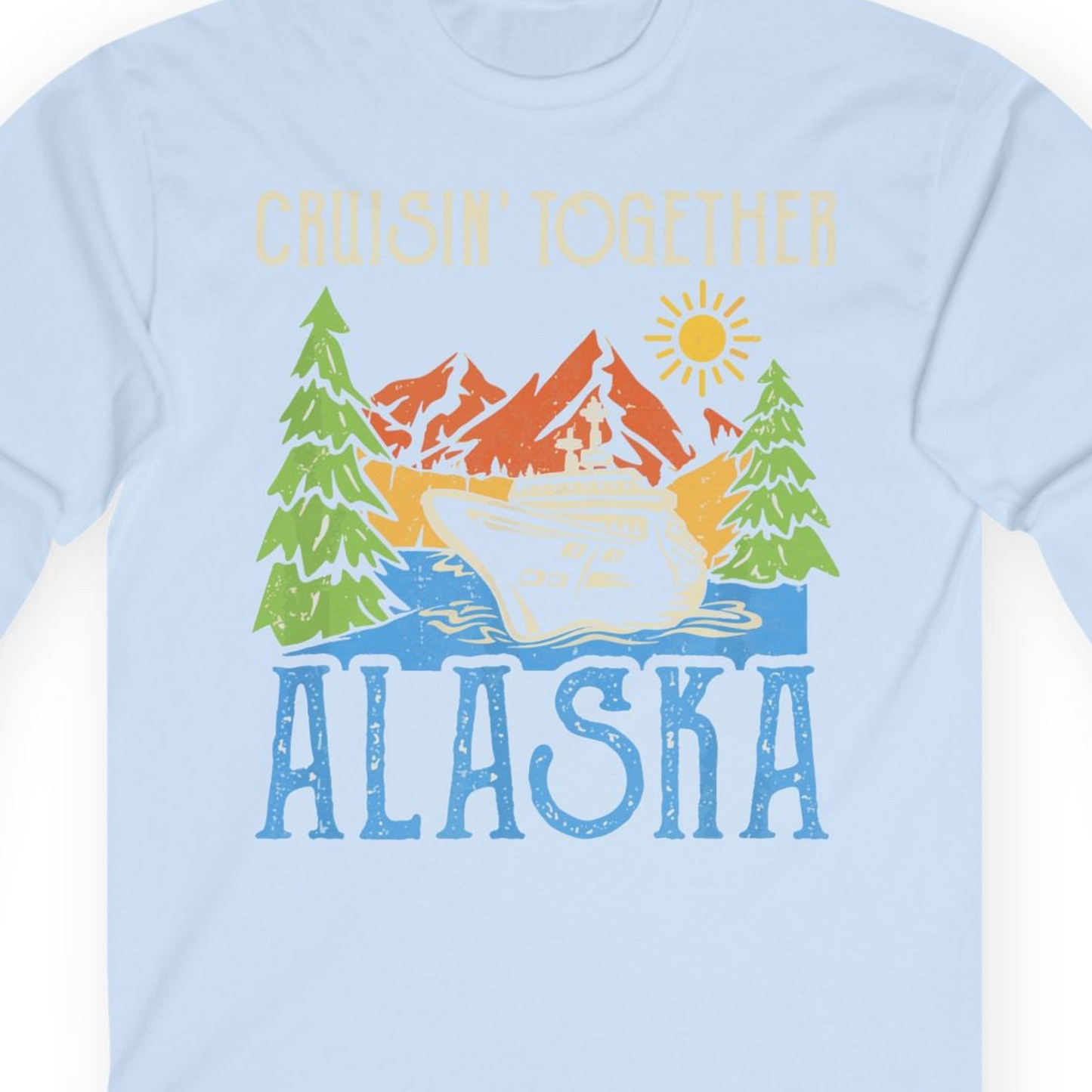 Alaska Cruise Adventure Nature Landscape Retro Family Shirt — Long Sleeve Long Sleeve Shirt – Light Blue – Alaska Cruise Shirts Close Up