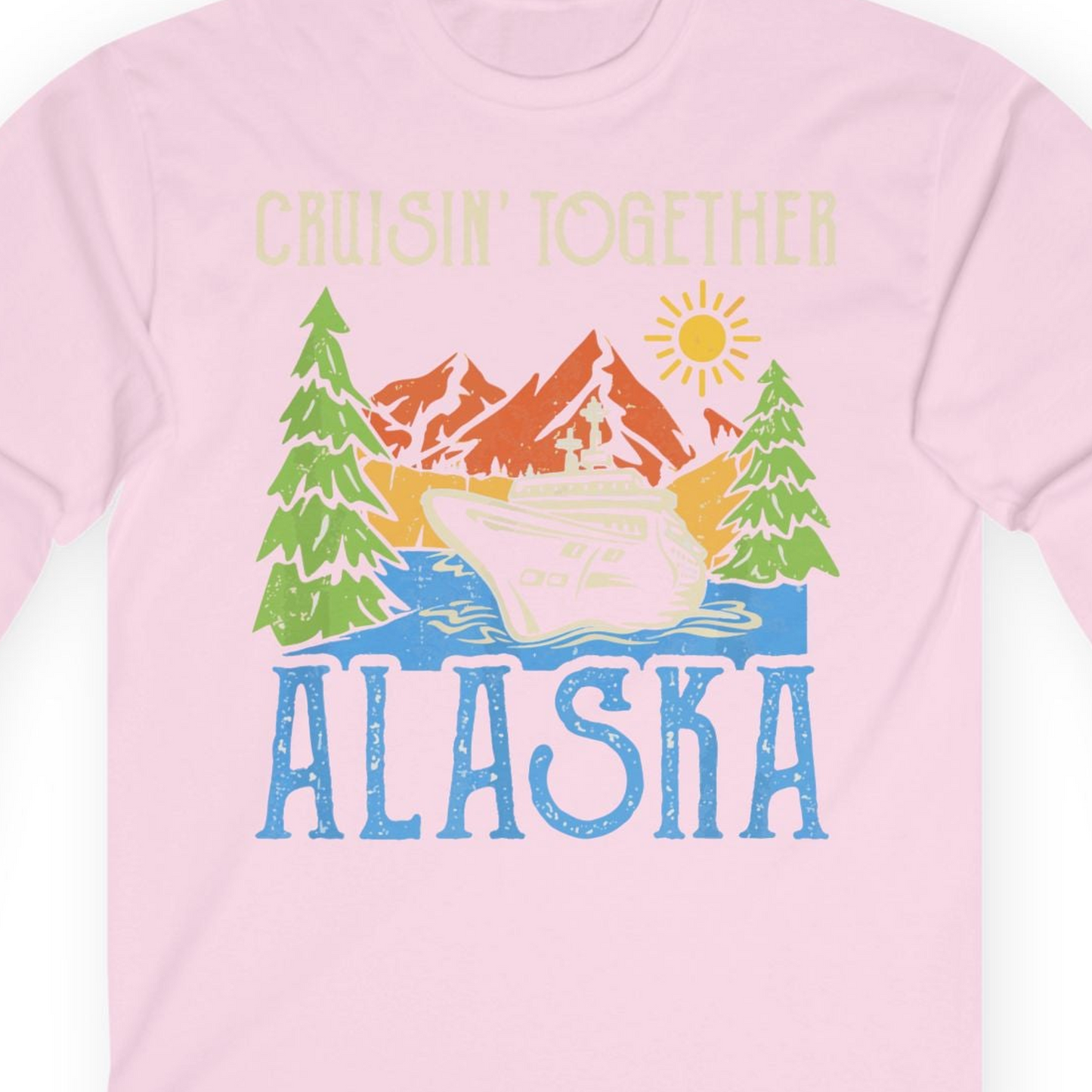 Alaska Cruise Adventure Nature Landscape Retro Family Shirt — Long Sleeve Long Sleeve Shirt – Light Pink – Alaska Cruise Shirts Close Up