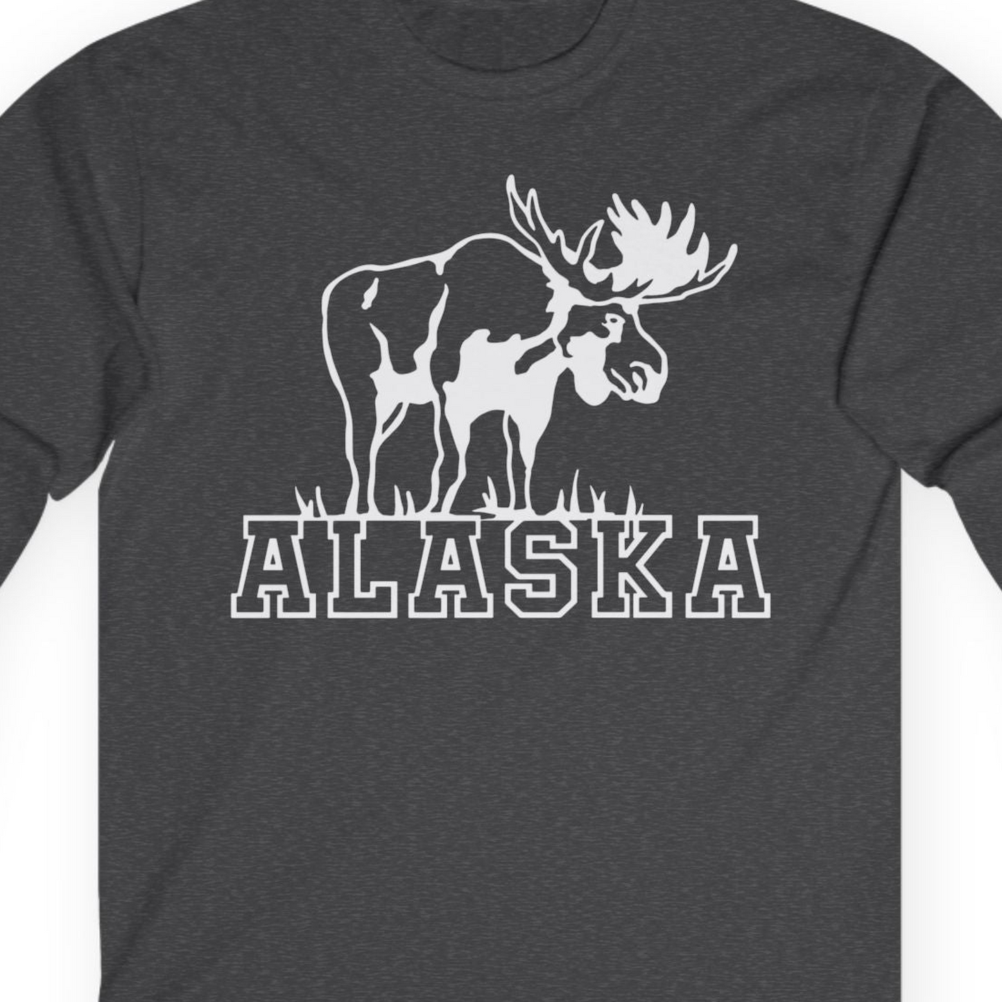 Alaska Moose Silhouette Shirt Long Sleeve Shirt – Dark Heather – Alaska Cruise Shirts Close Up