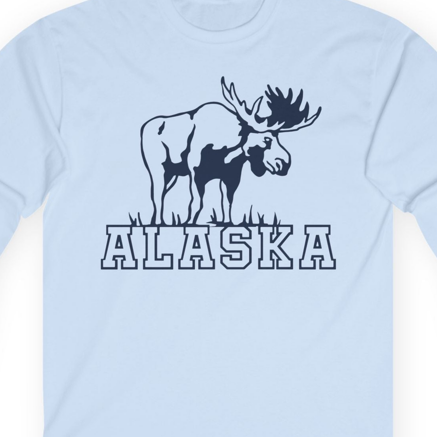 Alaska Moose Silhouette Shirt Long Sleeve Shirt – Light Blue – Alaska Cruise Shirts Close Up