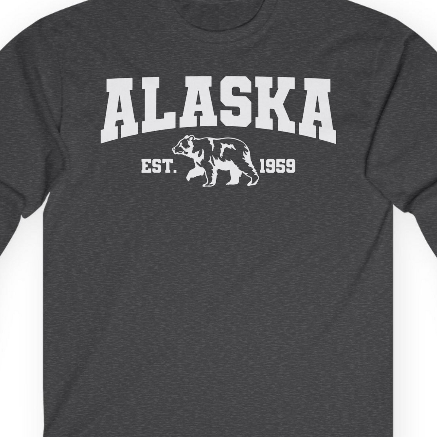 Vintage Alaska Bear Shirt Long Sleeve Shirt – Dark Heather – Alaska Cruise Shirts Close Up