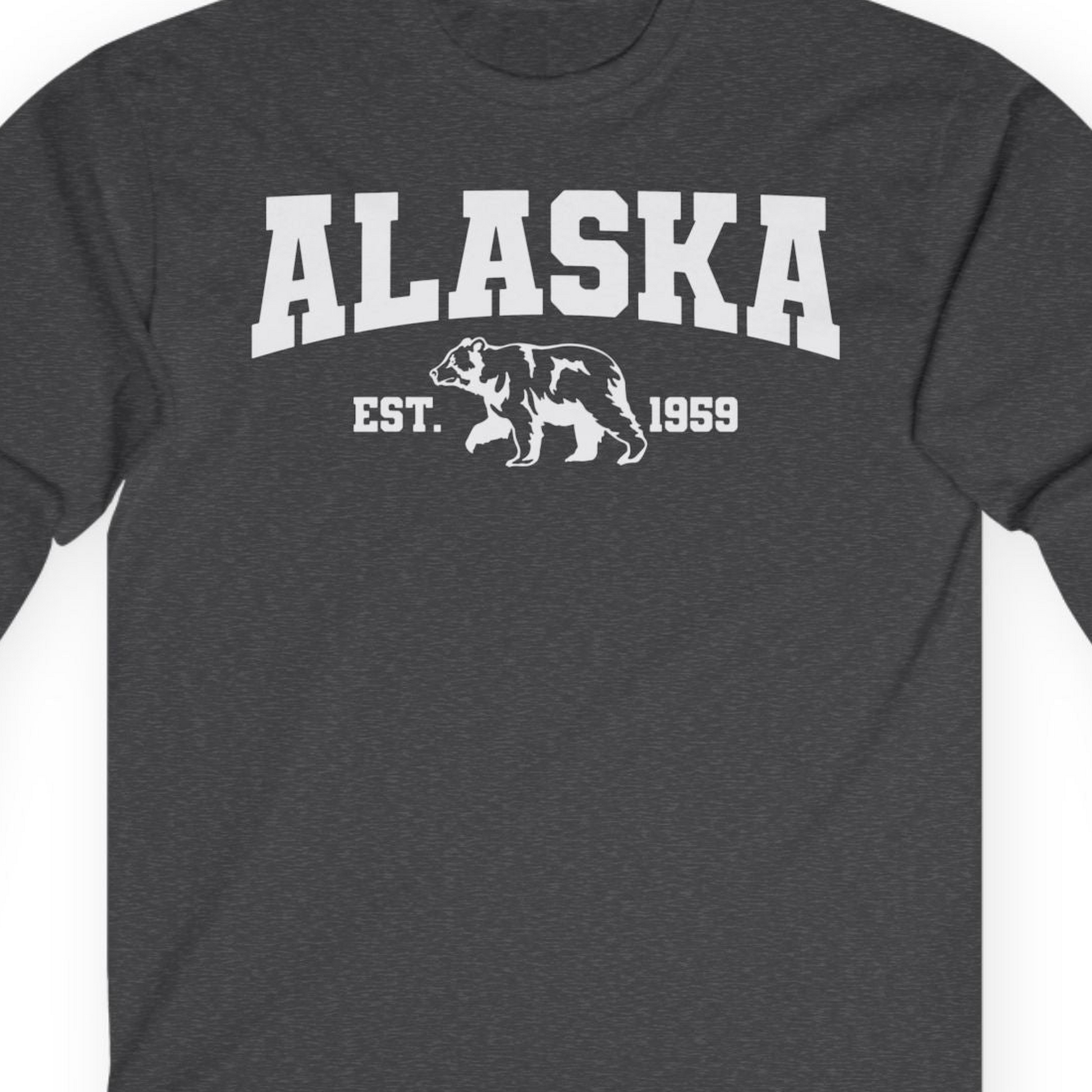 Vintage Alaska Bear Shirt Long Sleeve Shirt – Dark Heather – Alaska Cruise Shirts Close Up