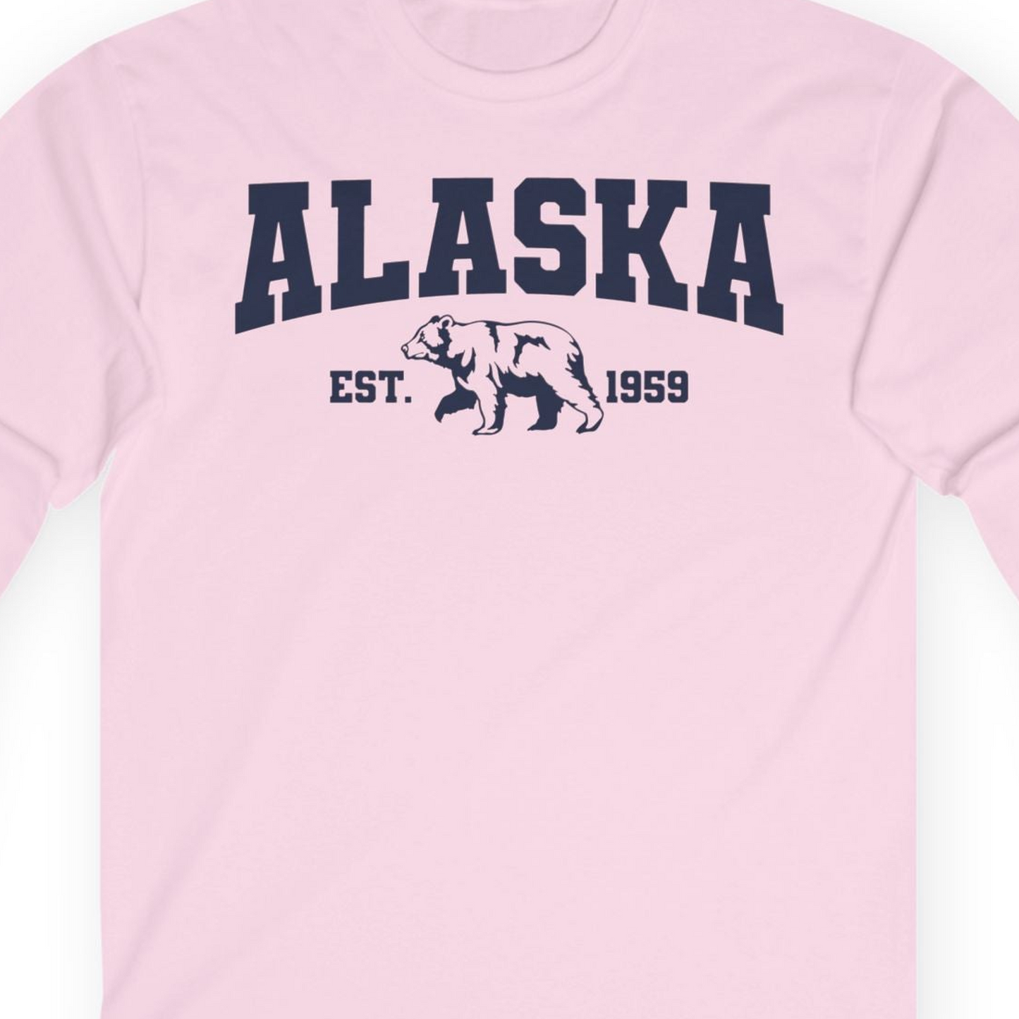 Vintage Alaska Bear Shirt Long Sleeve Shirt – Light Pink – Alaska Cruise Shirts Close Up