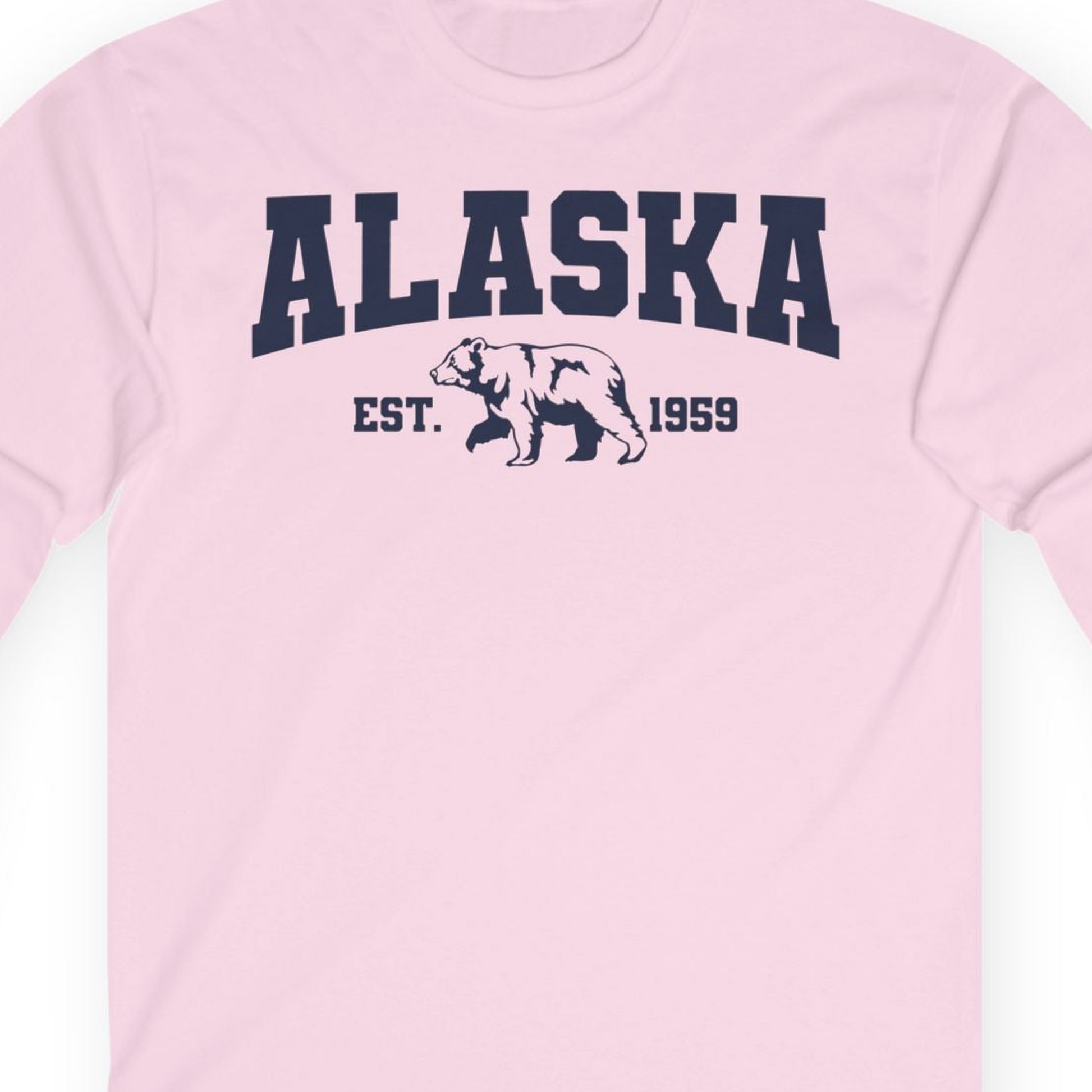 Vintage Alaska Bear Shirt Long Sleeve Shirt – Light Pink – Alaska Cruise Shirts Close Up