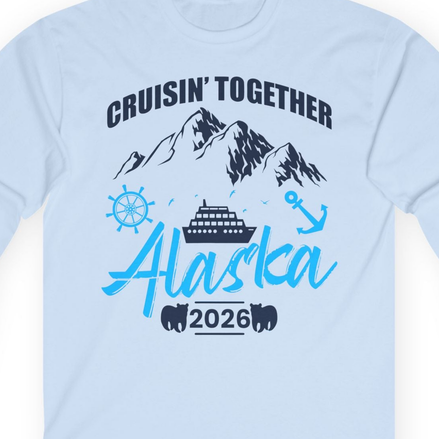 Alaska Cruise Group Adventure Shirt Long Sleeve Shirt – Light Blue – Alaska Cruise Shirts Close Up