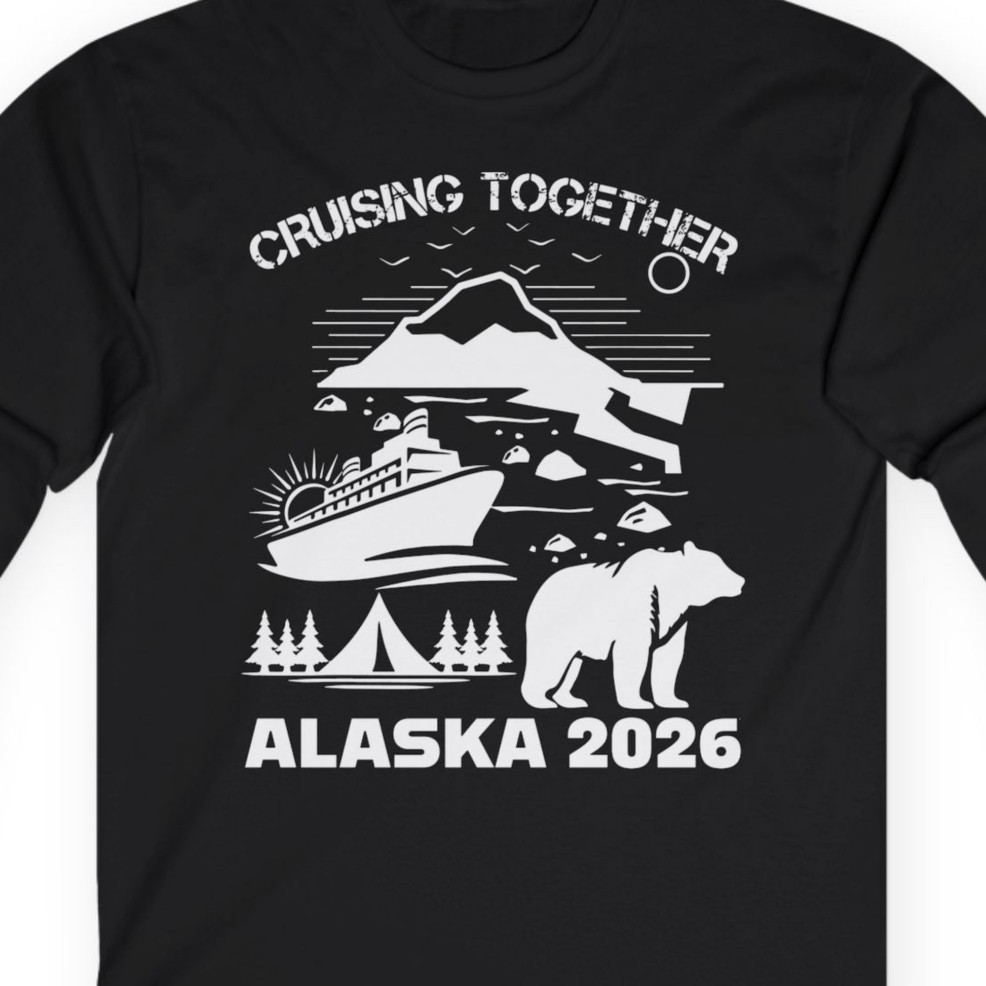 Alaska Cruise 2026 Family Adventure Bear Mountain Nature Shirt — Long Sleeve Long Sleeve Shirt – Black – Alaska Cruise Shirts Close Up