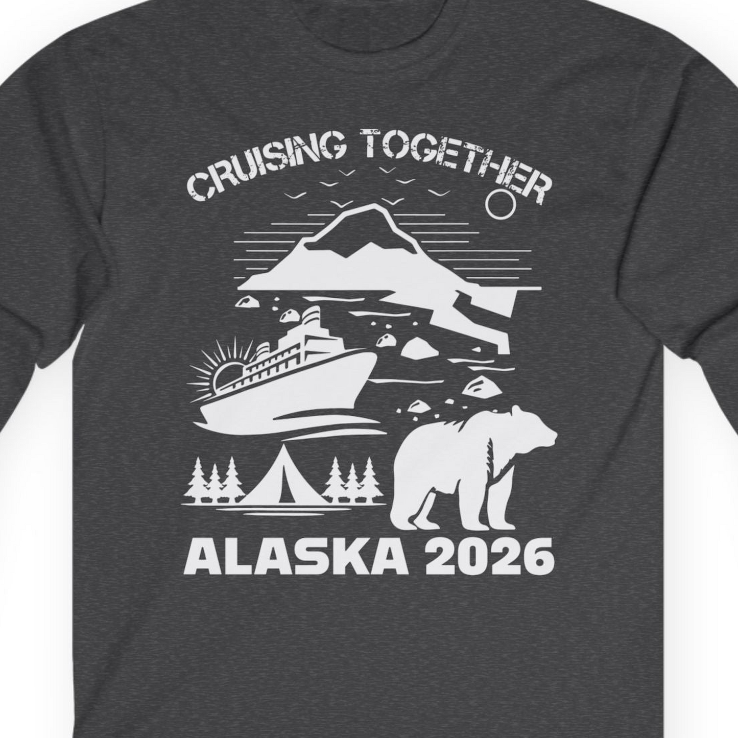 Alaska Cruise 2026 Family Adventure Bear Mountain Nature Shirt — Long Sleeve Long Sleeve Shirt – Dark Heather – Alaska Cruise Shirts Close Up