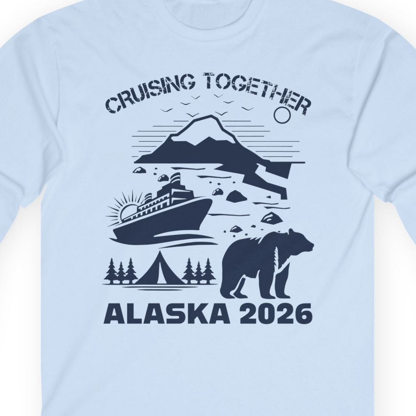 Alaska Cruise 2026 Family Adventure Bear Mountain Nature Shirt — Long Sleeve Long Sleeve Shirt – Light Blue – Alaska Cruise Shirts Close Up