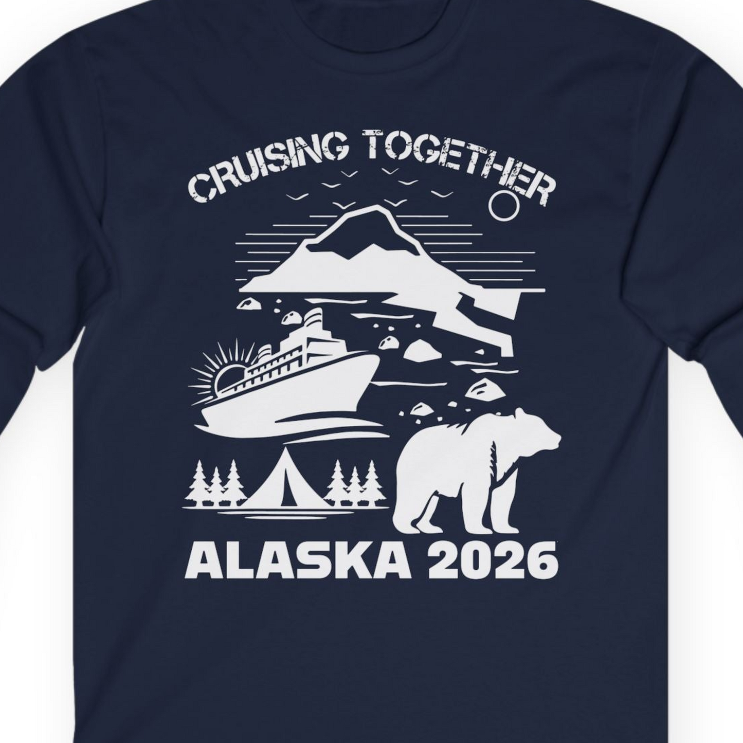 Alaska Cruise 2026 Family Adventure Bear Mountain Nature Shirt — Long Sleeve Long Sleeve Shirt – Navy – Alaska Cruise Shirts Close Up