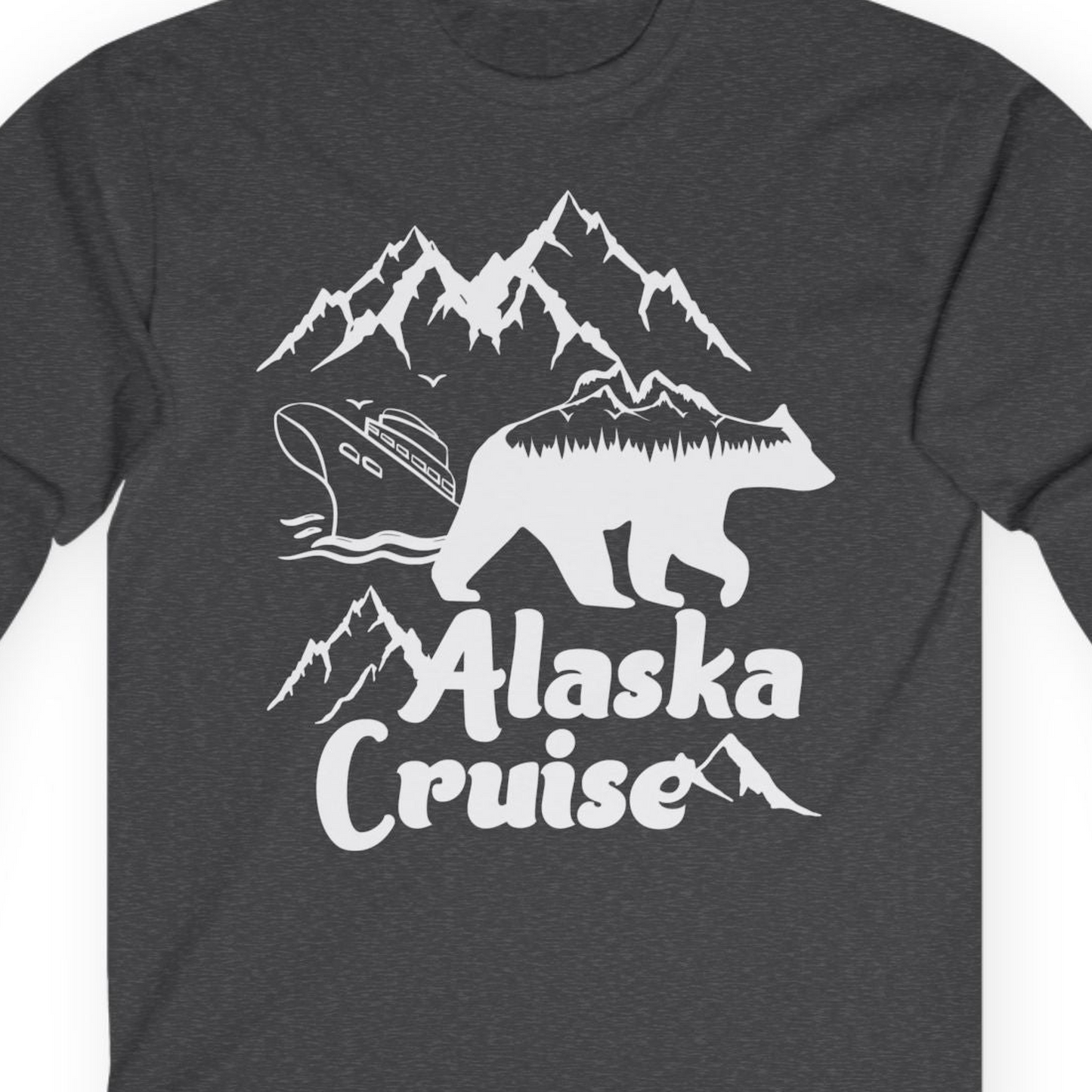 Alaska Cruise Shirt Long Sleeve Shirt – Dark Heather – Alaska Cruise Shirts Close Up