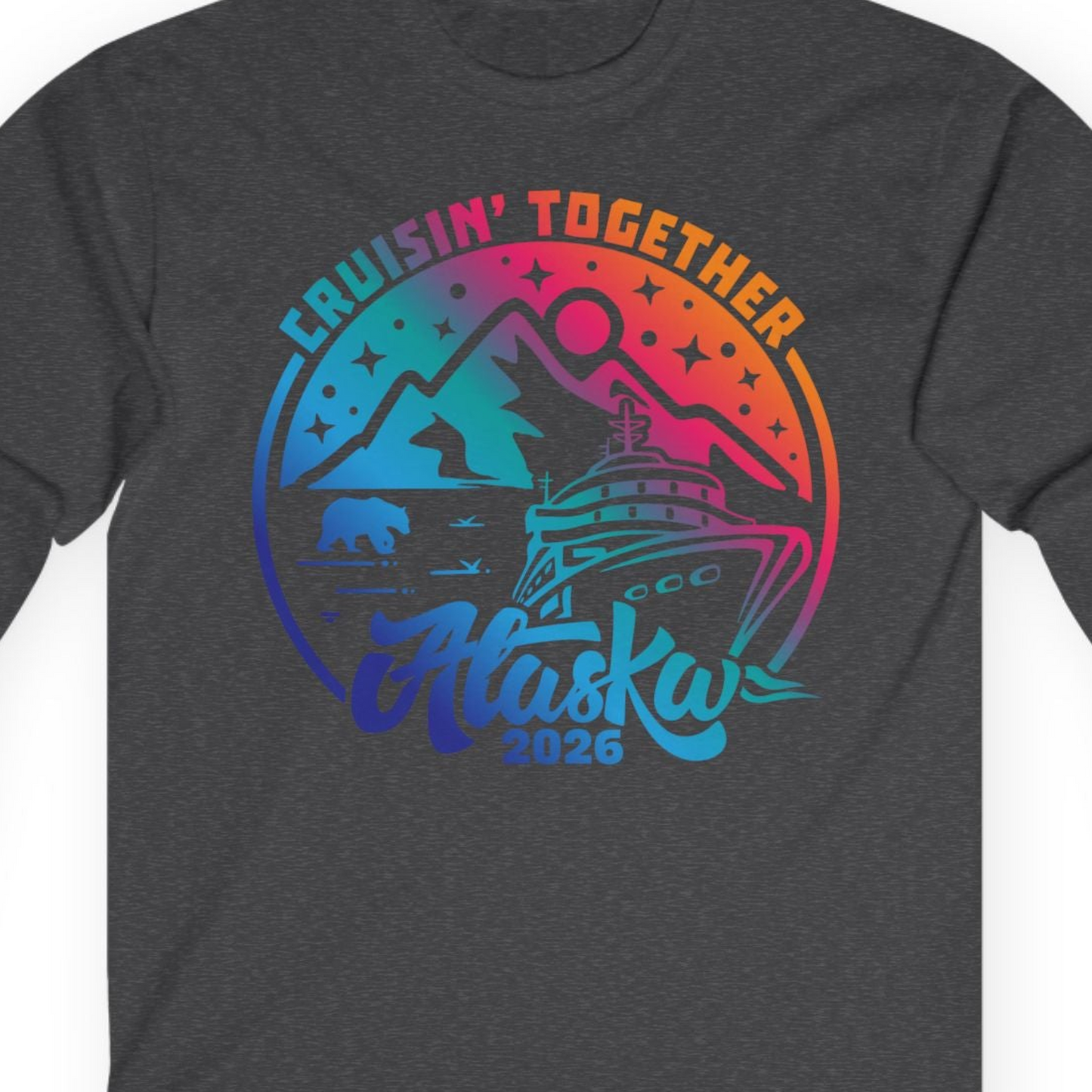 Alaska Cruise Adventure Mountains Wildlife Retro Family Group Shirt 2026 — Long Sleeve Long Sleeve Shirt – Dark Heather – Alaska Cruise Shirts Close Up