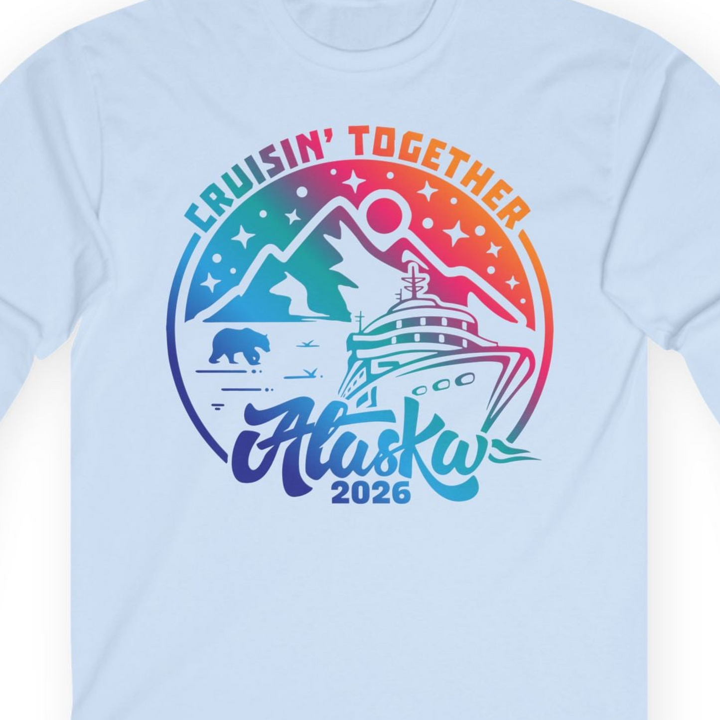 Alaska Cruise Adventure Mountains Wildlife Retro Family Group Shirt 2026 — Long Sleeve Long Sleeve Shirt – Light Blue – Alaska Cruise Shirts Close Up