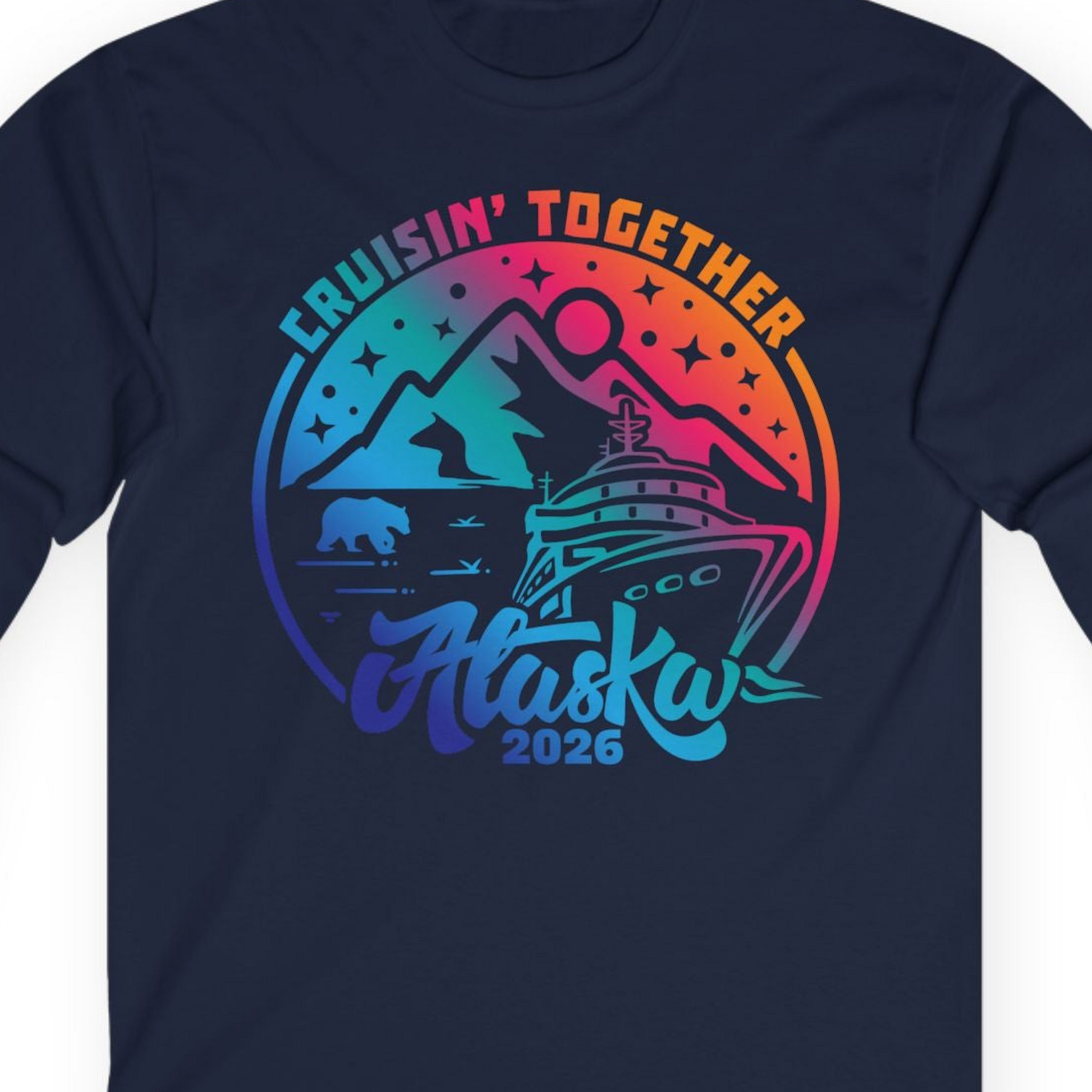 Alaska Cruise Adventure Mountains Wildlife Retro Family Group Shirt 2026 — Long Sleeve Long Sleeve Shirt – Navy – Alaska Cruise Shirts Close Up