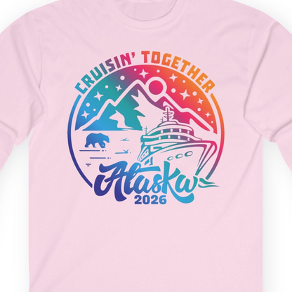 Alaska Cruise Adventure Mountains Wildlife Retro Family Group Shirt 2026 — Long Sleeve Long Sleeve Shirt – Light Pink – Alaska Cruise Shirts Close Up