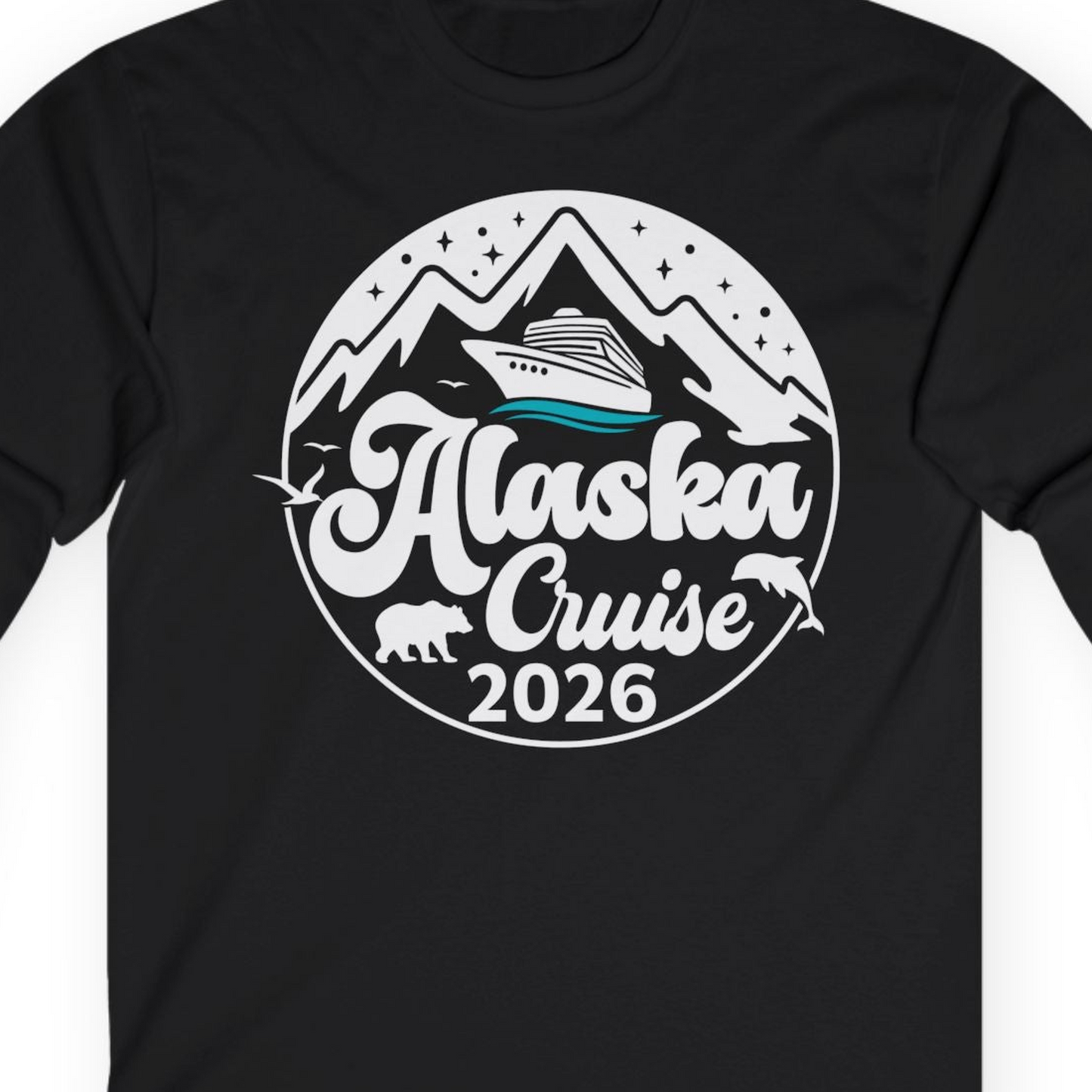 Alaska Cruise 2026 Shirt Long Sleeve Shirt – Black – Alaska Cruise Shirts Close Up