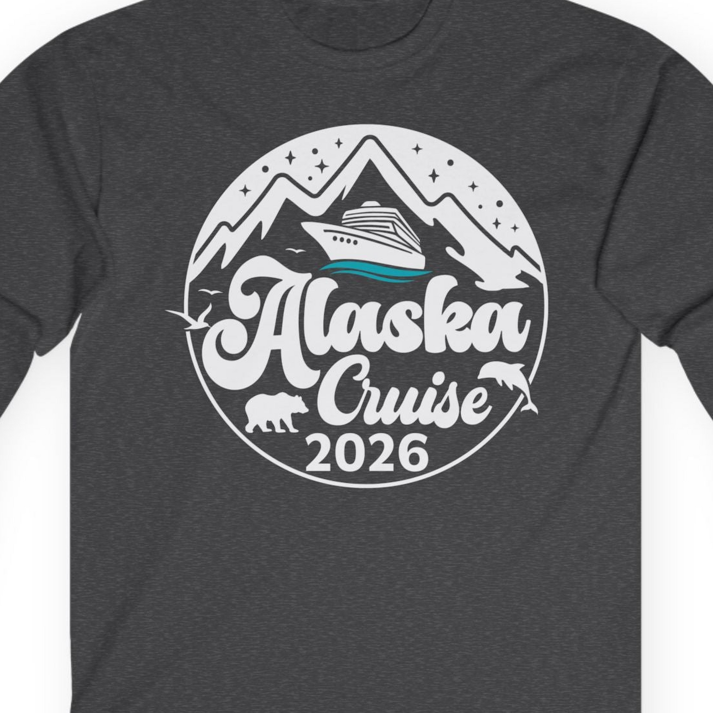 Alaska Cruise 2026 Shirt Long Sleeve Shirt – Dark Heather – Alaska Cruise Shirts Close Up
