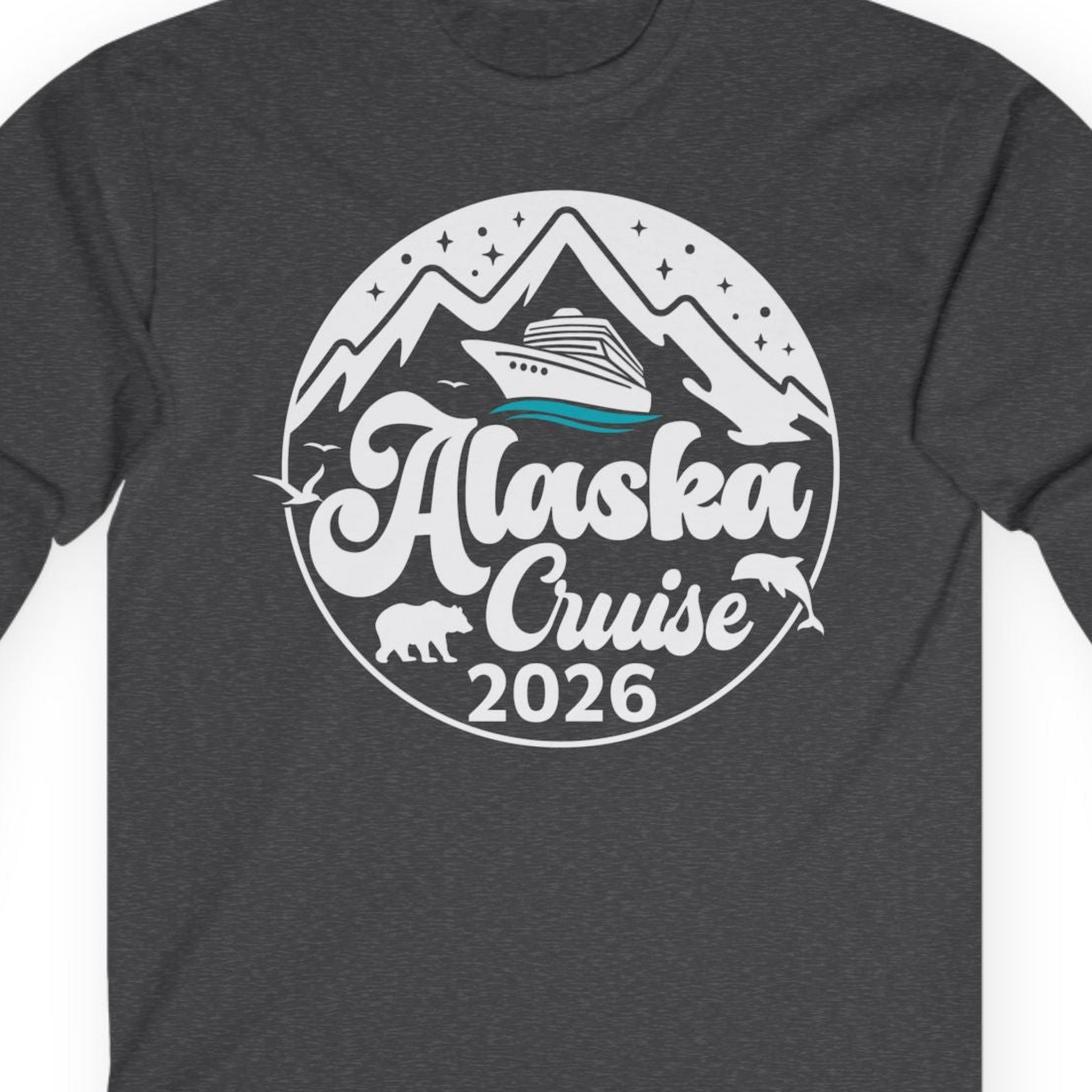 Alaska Cruise 2026 Shirt Long Sleeve Shirt – Dark Heather – Alaska Cruise Shirts Close Up