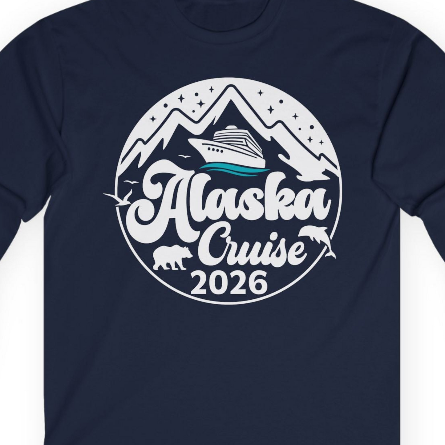 Alaska Cruise 2026 Shirt Long Sleeve Shirt – Navy – Alaska Cruise Shirts Close Up